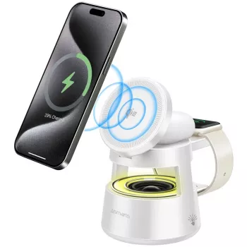 Cargador inalámbrico 4smarts Qi2 Aura Sound blanco – carga inalámbrica rápida Qi2, altavoz integrado