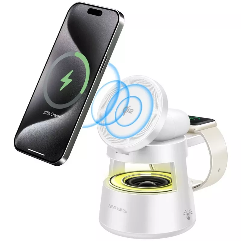 Cargador inalámbrico 4smarts Qi2 Aura Sound blanco – carga inalámbrica rápida Qi2, altavoz integrado