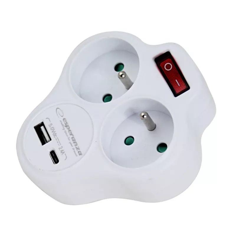 Splitter eléctrico Esperanza ELK311W 2 tomas, entrada USB-C USB-A, blanco