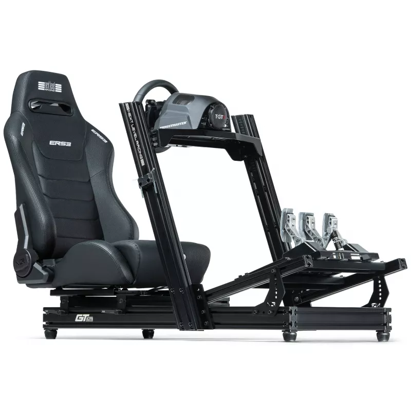 Asiento de carreras tipo baquet con respaldo ajustable Next Level Racing ERS3 Elite Premium — cuero sintético negro, respaldo reclinable, compatible con montaje en cockpit y suelo