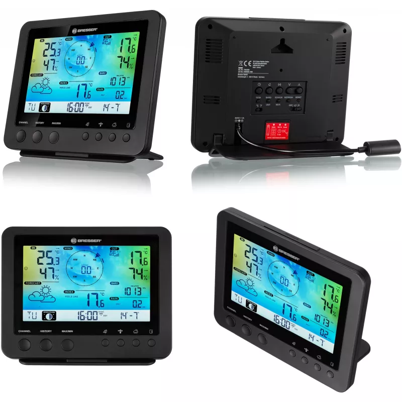 Bresser 7002580 Weather Center 5-in-1 estación meteorológica digital Wi-Fi con sensor profesional, pantalla de 5,7″, alimentación por red, negra