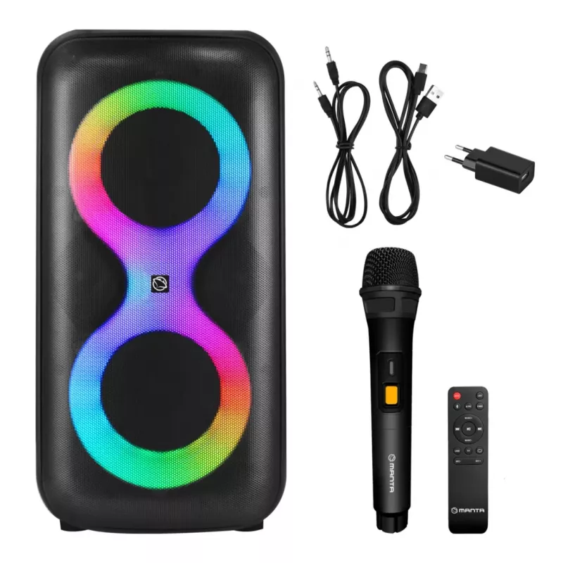 Equipo de música portátil MANTA SPK0401B100 altavoz Bluetooth, 100 W de potencia máxima, radio FM, karaoke, batería integrada, X-BASS