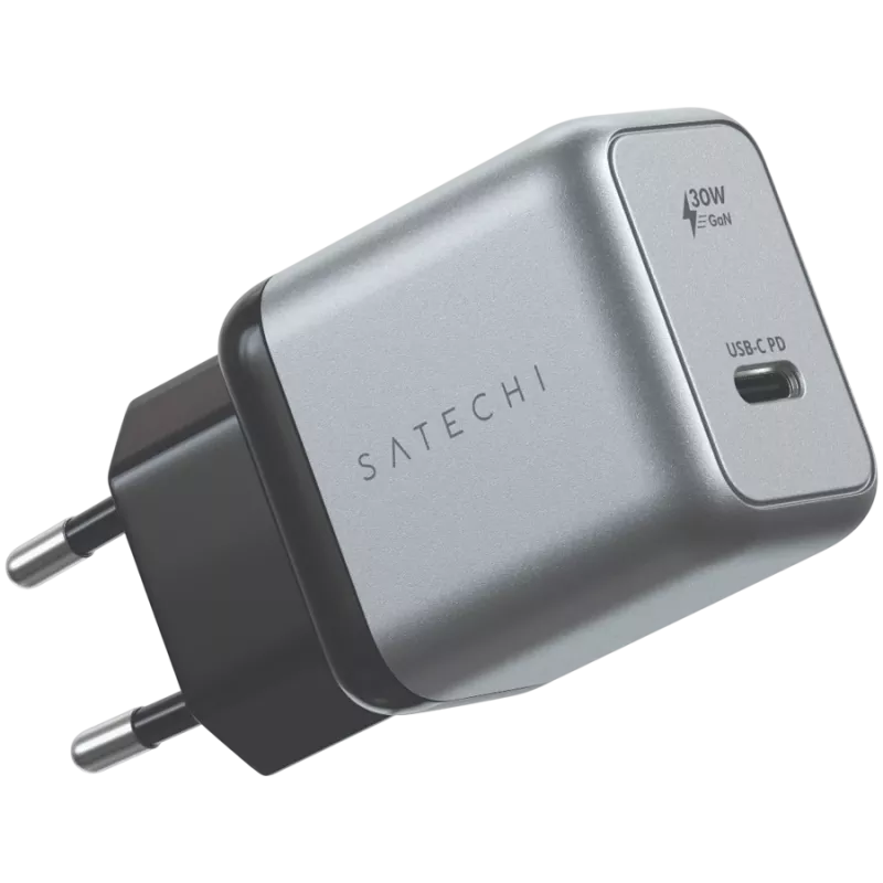 Cargador para dispositivos móviles Satechi ST-UC30WCM-EU — cargador universal de CA para interior con 1× USB-C, Negro/Plateado