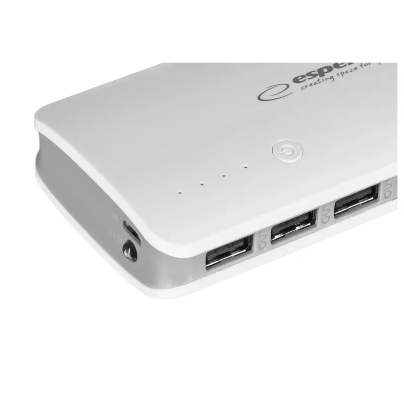 Cargador portátil Esperanza EMP106WE Radium — 8000 mAh, salida para 3 dispositivos, entrada Micro-USB, salidas 5V/2A y 5V/1,5A/1A, gris