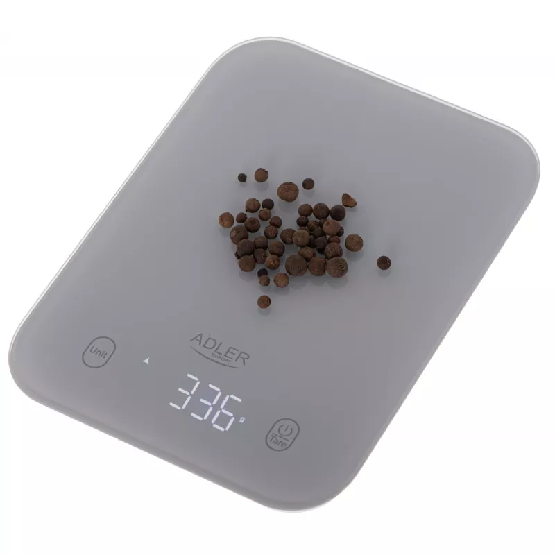 Báscula de cocina Adler AD 3181, vidrio templado, capacidad 10 kg, precisión 1 g, pantalla LCD, gris