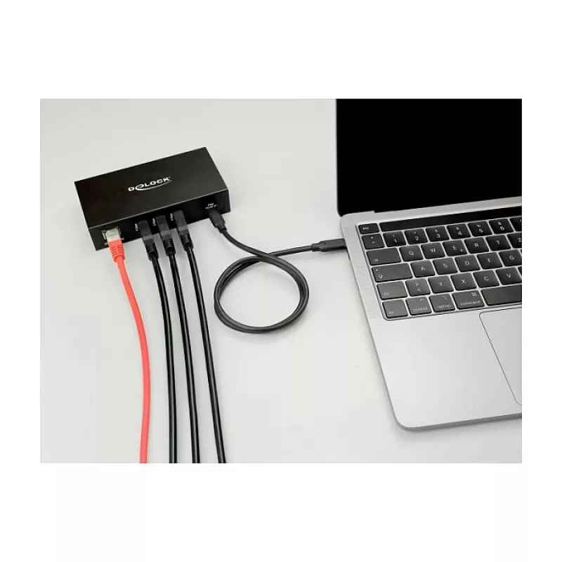 Hub USB DELOCK 3 puertos 5 Gbit/s con RJ45 Gigabit PoE++ y host USB Type-C, carcasa de metal, aislamiento de 1,5 kV, negro
