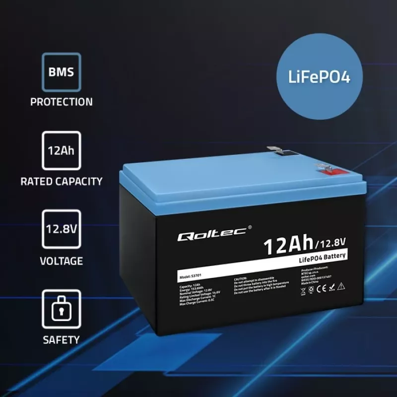 Batería LiFePO4 Litio Hierro Fosfato Qoltec 12,8 V 12 Ah 153,6 Wh con BMS