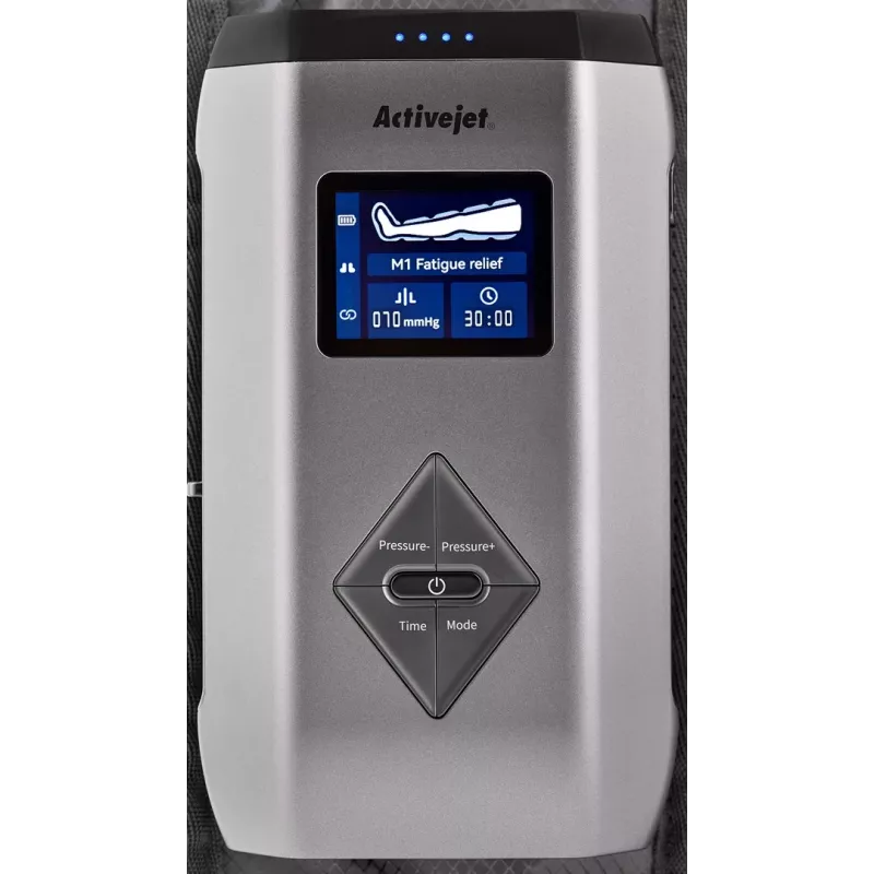 Masajeador de piernas para drenaje linfático ActiveJet ACM-PLUS-A1 L, batería 25 W, batería integrada, 380×1020×60 mm, negro