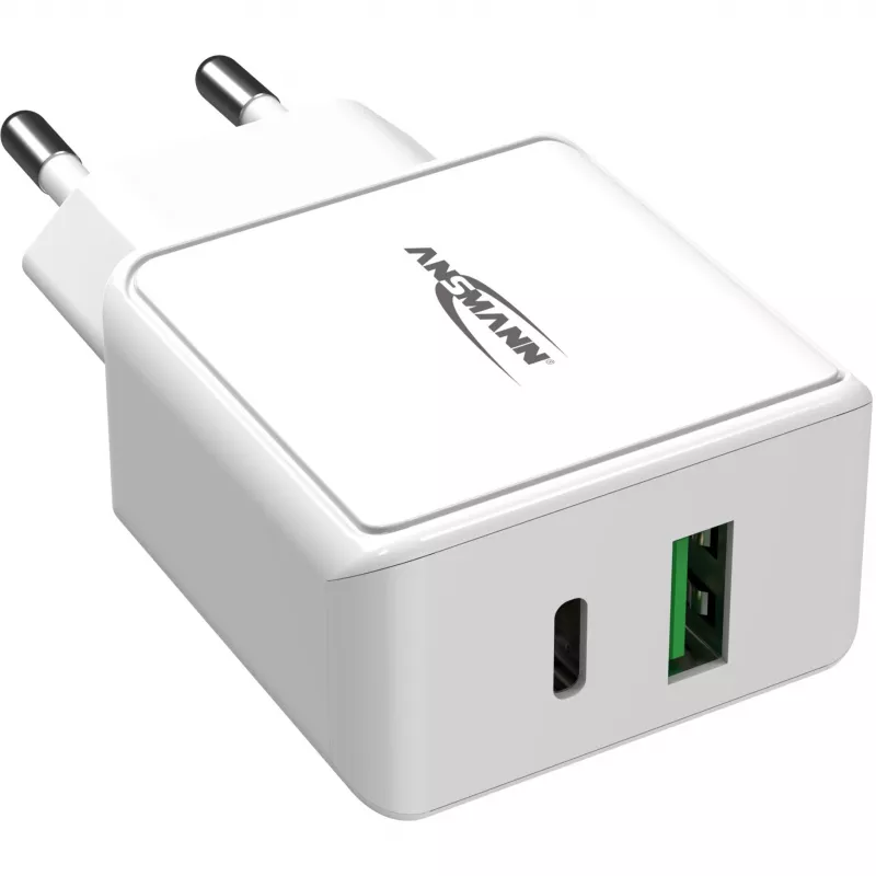 ANSMANN HC218PD - fuente de alimentación - 18 vatios - 3000 mA - PD, QC 3.0 - 2 puertos de salida (USB, USB-C) - blanco (1001-0111)