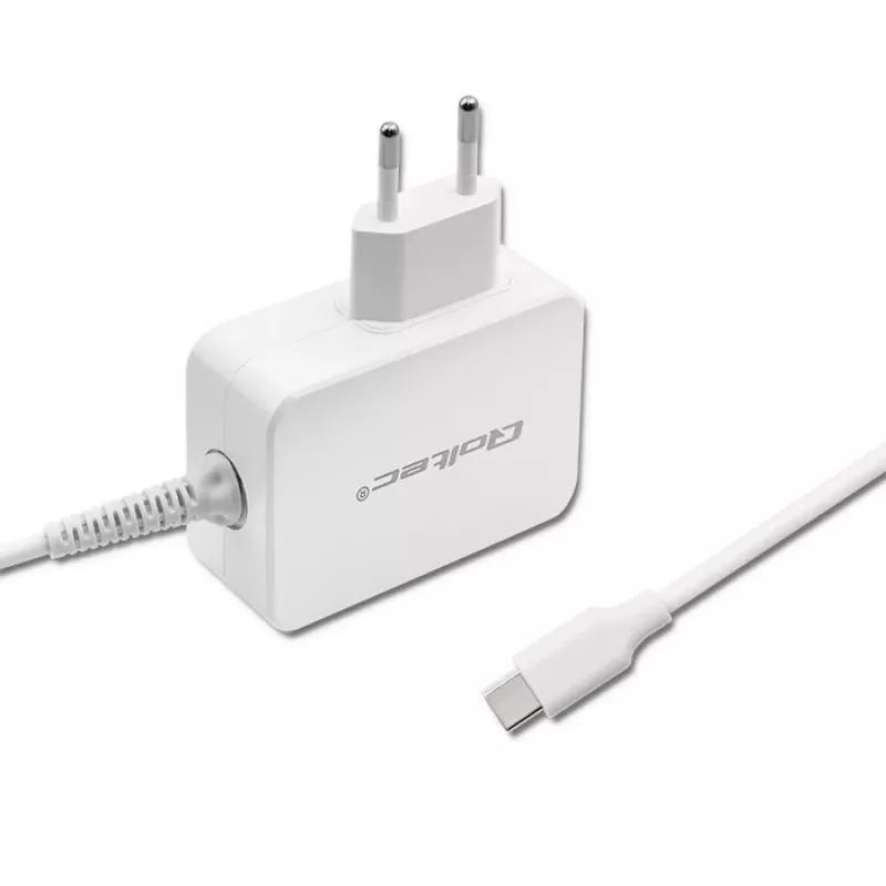 Qoltec 51039 adaptador de corriente 65 W USB-C PD, 5–20,3 V, 2–3,25 A, cable USB-C integrado, blanco