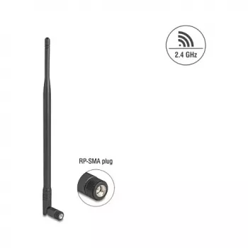 Antena WLAN omnidireccional DELOCK 2,4 GHz conector macho RP-SMA 7 dBi con articulación inclinable, negra, 290 mm