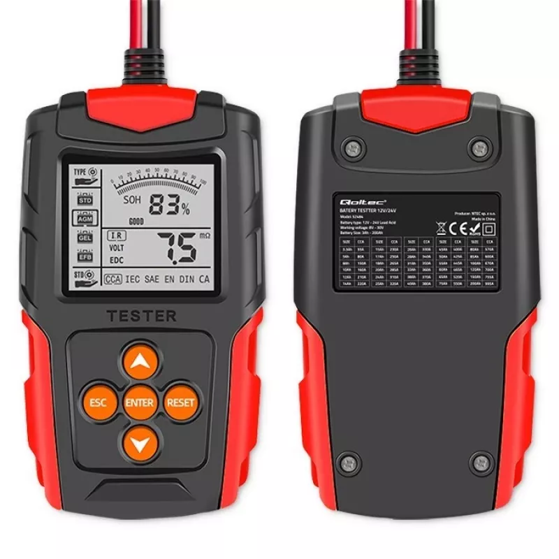 Qoltec 52484 Comprobador de baterías digital LCD | 12V | 24V | 3Ah-200Ah