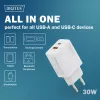 Cargador USB GaN de interior DIGITUS DA-10301 — 30W, 1× USB-C, 1× USB-A, 100–240V, blanco