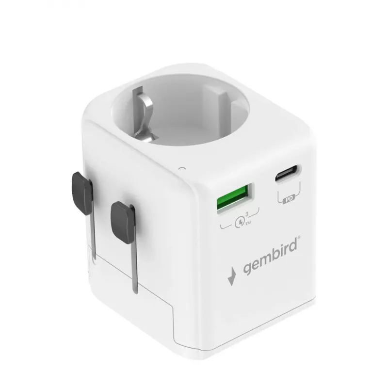 Fuente de alimentación de viaje GEMBIRD TPA-EU1A1C20-01-W 20W, USB-A 18W + USB-C 20W, toma Schuko, entrada 100–250 V