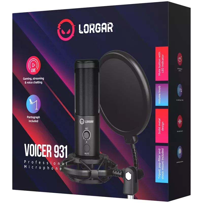 Micrófono gaming LORGAR Voicer 931, negro, micrófono de condensador USB con soporte de brazo articulado, filtro antipop, trípode. Incluye 1* micrófono, 1* soporte de brazo articulado con pinza en C, 1* amortiguador