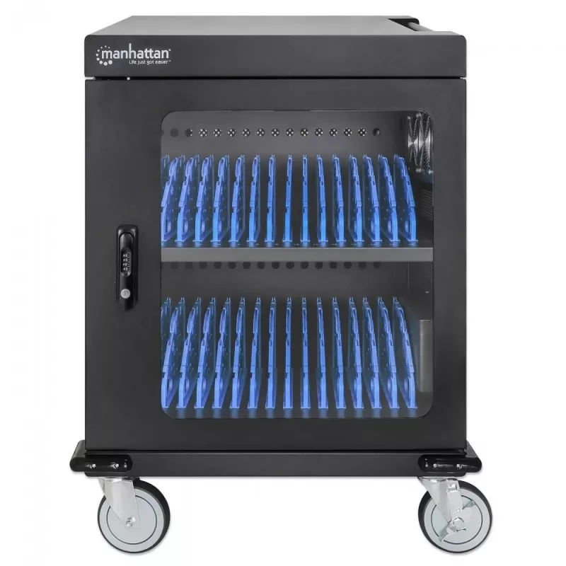 Carro de carga/ carrito para portátiles Manhattan con adaptador de CA (UE) 32 compartimentos, instale el adaptador de CA (cable de alimentación) del dispositivo en el dispositivo, apto para TODOS los portátiles (hasta 15,6