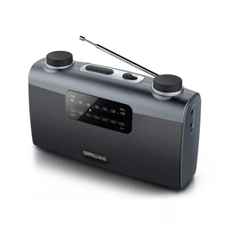 Radio portátil Muse M-058 R — AM/FM, control de volumen giratorio, a pilas o red eléctrica (230V, 50Hz), Negro/Gris