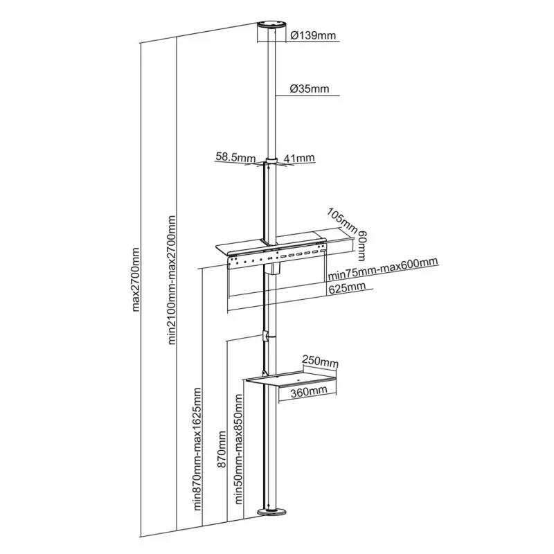 Maclean MC-791N soporte de TV telescópico de suelo a techo con estante, 37-70 pulgadas, 30 kg