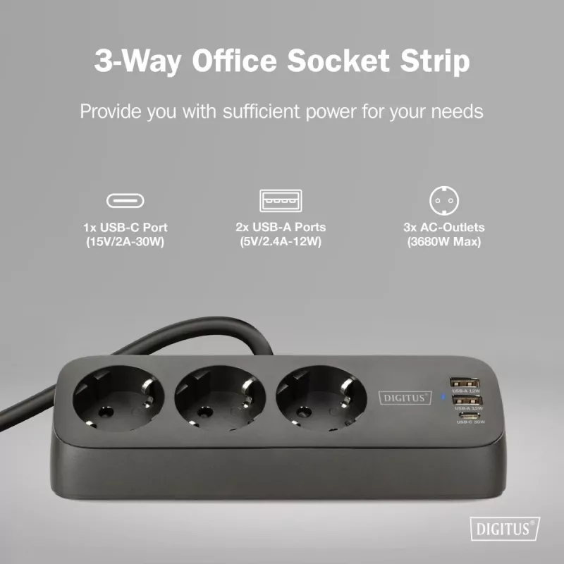 Regleta de enchufes DIGITUS 3 tomas con 2×USB-A y 1×USB-C, 3 tomas AC tipo E/F, cable de 1,5 m, negra