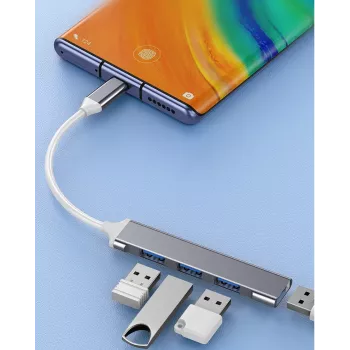 Hub USB VAKOSS TC-4125X — 1× USB 3.0 Type-A, 3× USB 2.0 Type-A, host: USB Type-C, plata