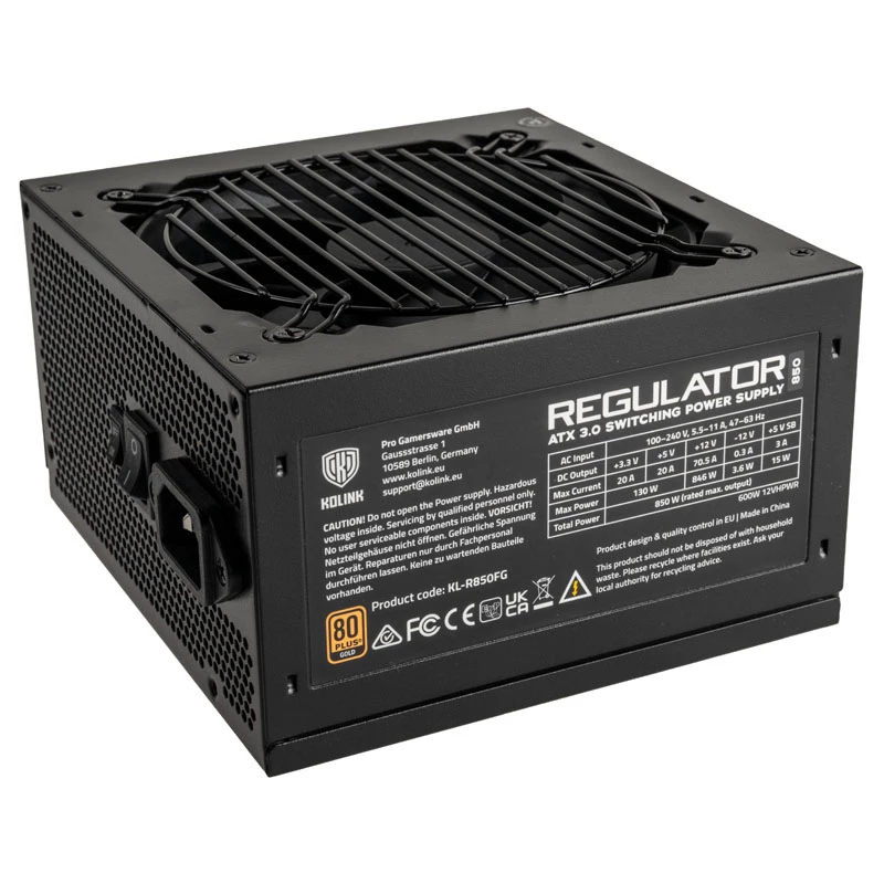 Fuente de alimentación Kolink Regulator 80 PLUS Gold, ATX 3.0, PCIe 5.0, modular - 850 vatios
