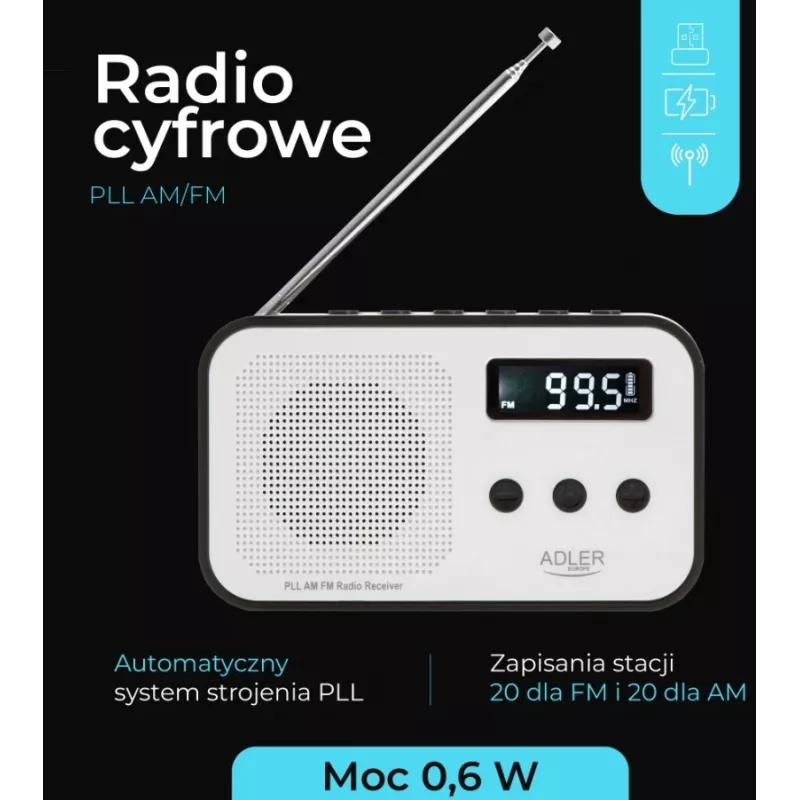 Adler AD 1907 radio digital PLL, AM/FM, 40 presintonías, alarma con repetición, USB-C, batería recargable integrada, conector de 3,5 mm, blanco/negro