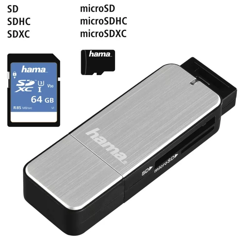 Hama 123900 lector de tarjetas USB 3.0 SD/microSD, aluminio, negro/plata