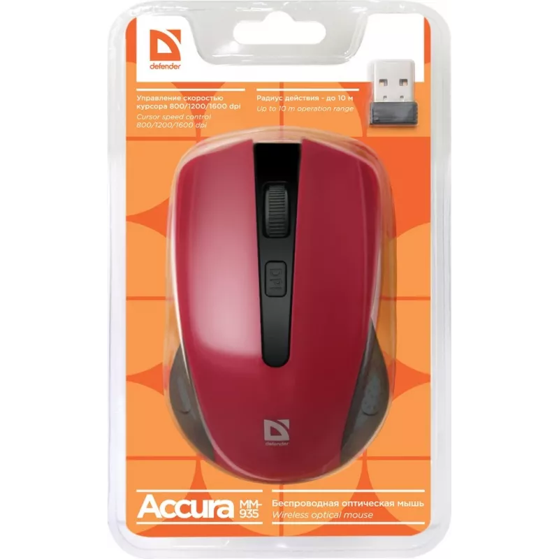 Ratón óptico inalámbrico DEFENDER MM-935 RF — ambidiestro, 1600 DPI, rojo, receptor RF USB, pilas AAA
