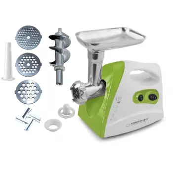 Picadora de carne ESPERANZA EKM012G — 600 W, cuchilla de acero inoxidable, embudo para embutidos, accesorio para kibbeh, marcha atrás, patas antideslizantes, blanca/verde