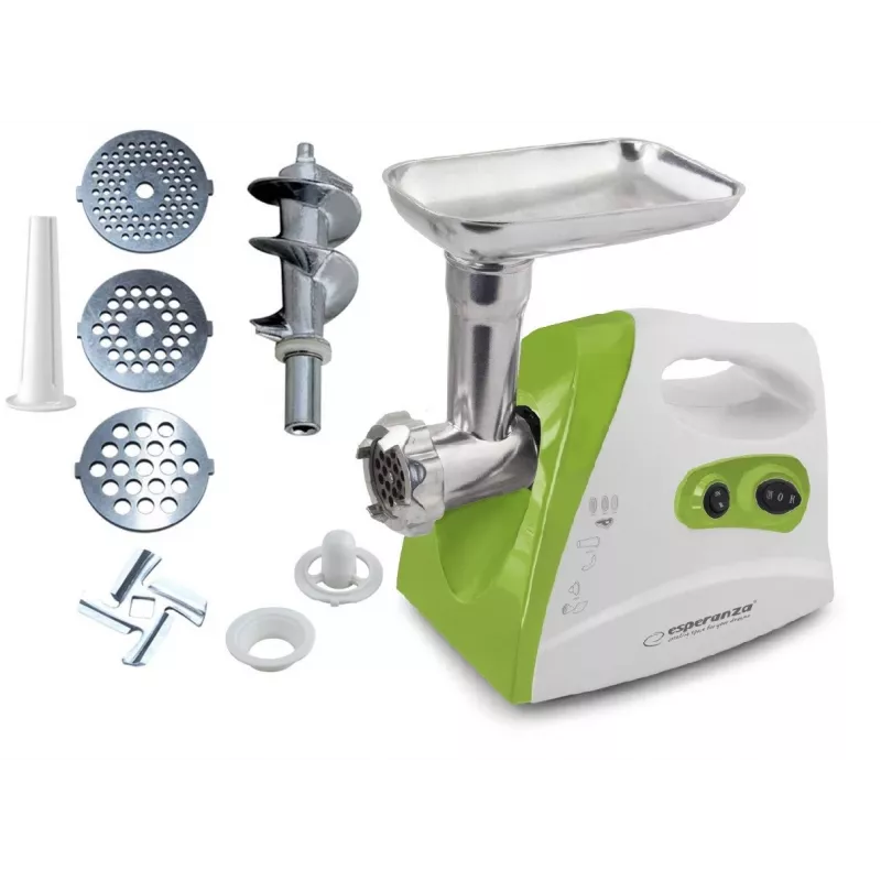Picadora de carne ESPERANZA EKM012G — 600 W, cuchilla de acero inoxidable, embudo para embutidos, accesorio para kibbeh, marcha atrás, patas antideslizantes, blanca/verde
