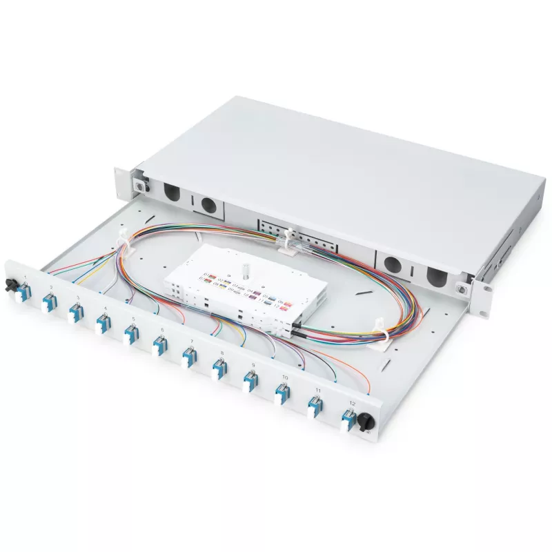 CAJA DE EMPALME DE FIBRA ÓPTICA LC OS2 1U 12XLC OS2 PIGTAILS ACOPLADOR