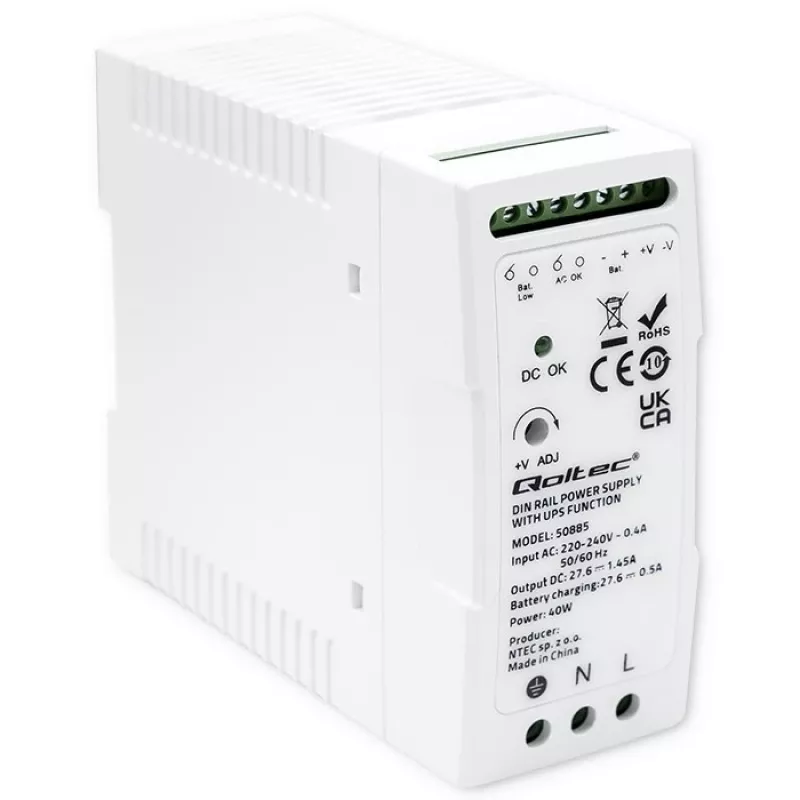 Qoltec 50885 Fuente de alimentación estable para carril DIN con función SAI | 40W