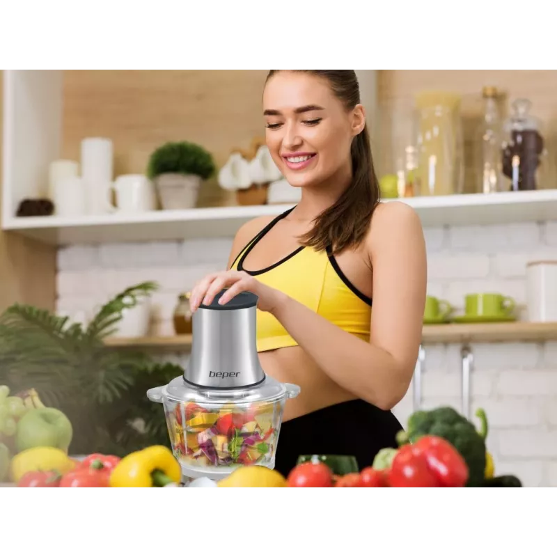 Beper P102ROB001 picadora de alimentos, recipiente de vidrio de 1,5 l, 500 W, 2 velocidades, 4 cuchillas de acero inoxidable, acero inoxidable / negro