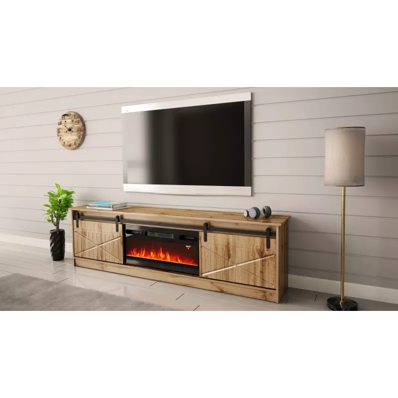 Mueble TV Cama Meble GRANERO con mueble de chimenea, roble Wotan, 2000×350×567 mm, 2 puertas, 2 estantes