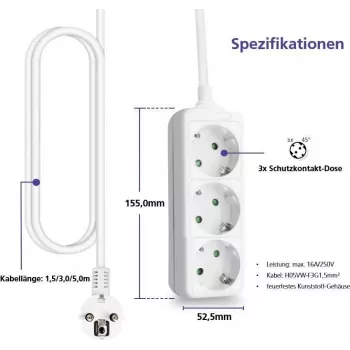 Regleta de enchufes helos CLASSIC 3 tomas 5,0 m cable sin interruptor