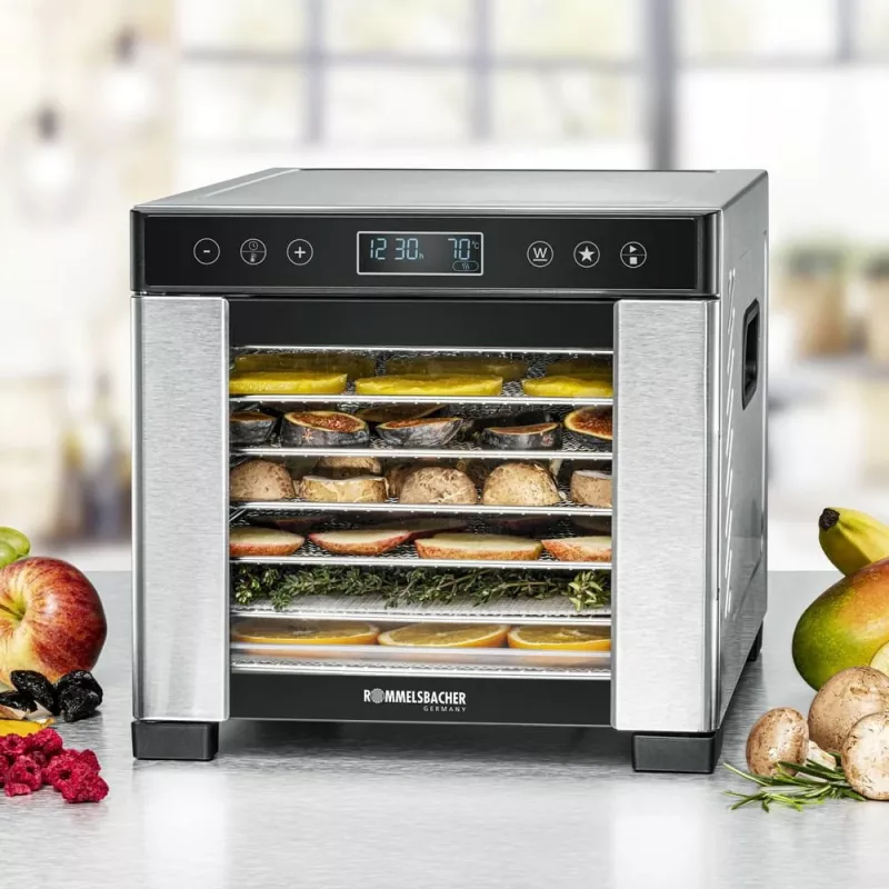 Rommelsbacher DA 650 deshidratador de alimentos 600 W, 7 bandejas, 35–75 °C, temporizador 99 h, acero inoxidable/negro
