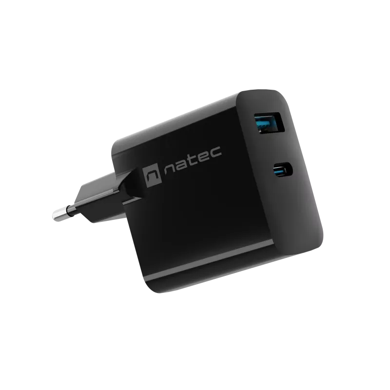 Cargador con cable para dispositivos móviles NATEC NUC-2143, 45 W, USB-C PD 3.0 + USB-A QC 3.0, 110–240 V, negro