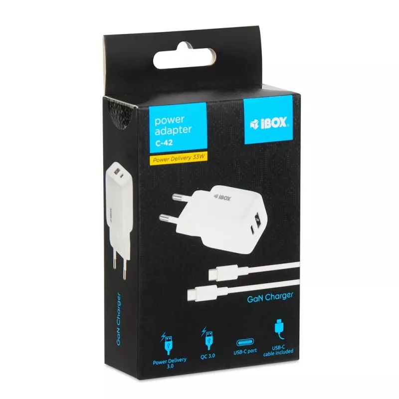 Cargador USB IBOX ILUC42W 42W (máx. 33W), 1×USB-C PD3.0, 1×USB-A QC3.0, 100–240V, blanco