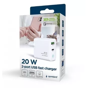 Cargador de red 220V GEMBIRD, universal, 1x USB Type-C PD 20 W, 1x USB-A 3.0 QC 18 W, indicador LED, blanco