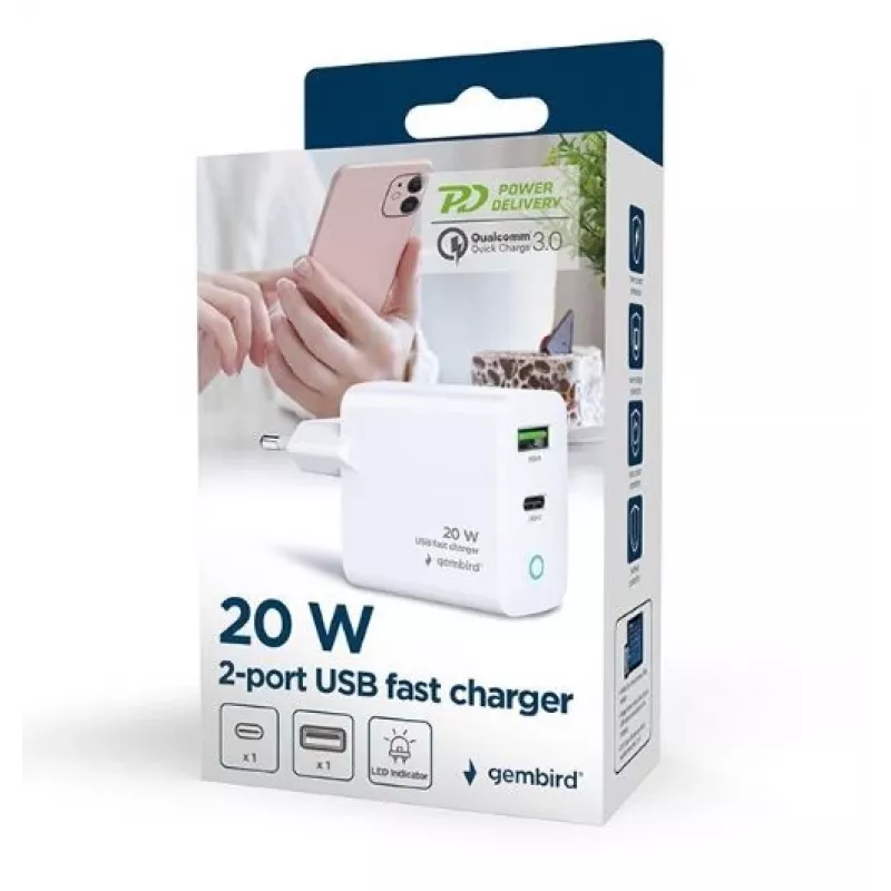 Cargador de red 220V GEMBIRD, universal, 1x USB Type-C PD 20 W, 1x USB-A 3.0 QC 18 W, indicador LED, blanco
