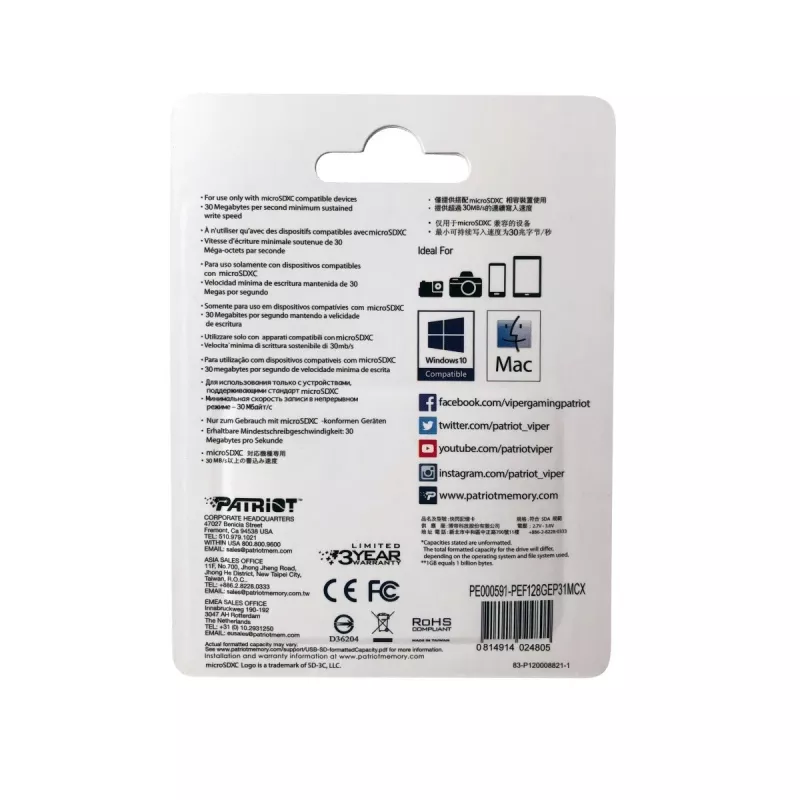 Tarjeta microSDXC PATRIOT 128 GB Clase 10 U3 V30, lectura 100 MB/s, escritura 80 MB/s, microSDXC