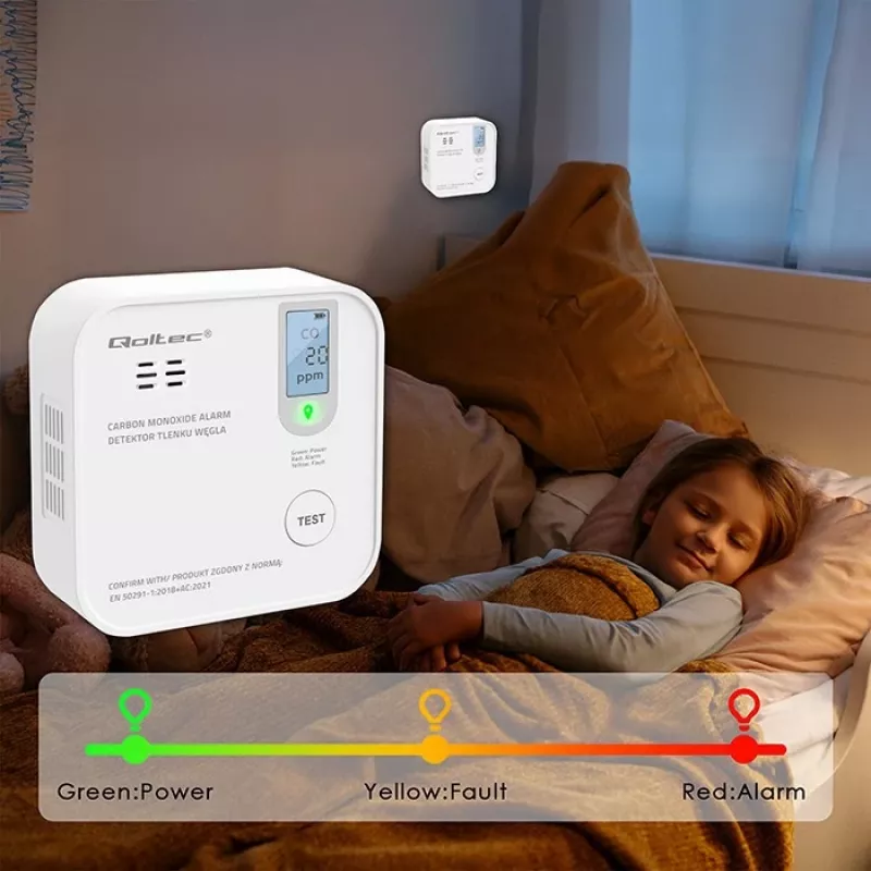 Sensor de monóxido de carbono QOLTEC 52577 — alarma a pilas, nivel sonoro 85 dB