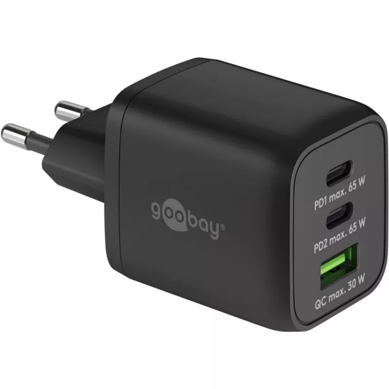 Cargador rápido USB-C Nano, PD, GaN, 65 vatios, cable trenzado USB-C (negro, 1x USB-A, 2x USB-C PD, Quick Charge 3.0, cable de 1 metro)