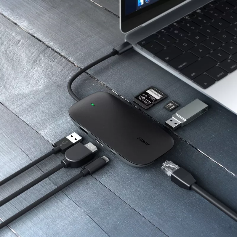 AUKEY CB-C71 hub USB-C 8 en 1, 3x USB-A 3.0, HDMI 4K@30Hz, Gigabit RJ45, SD/microSD, USB-C PD 100 W, cable de 0,15 m, aluminio, negro