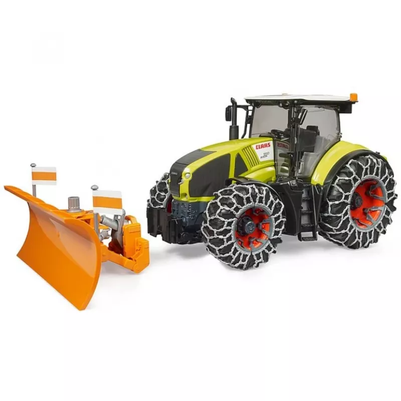 Tractor de juguete BRUDER Claas Axion 950 con cadenas para nieve y quitanieves, modelo a escala