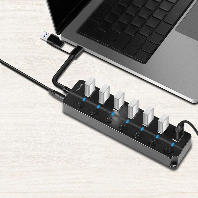 Hub USB 3.2 Gen 1, 7 puertos con interruptor encendido/apagado, negro
