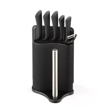 Set de bloque de cuchillos y cubiertos Maestro MR-1413 – negro, 8 piezas, hojas de acero inoxidable con soporte, portarrollos de papel