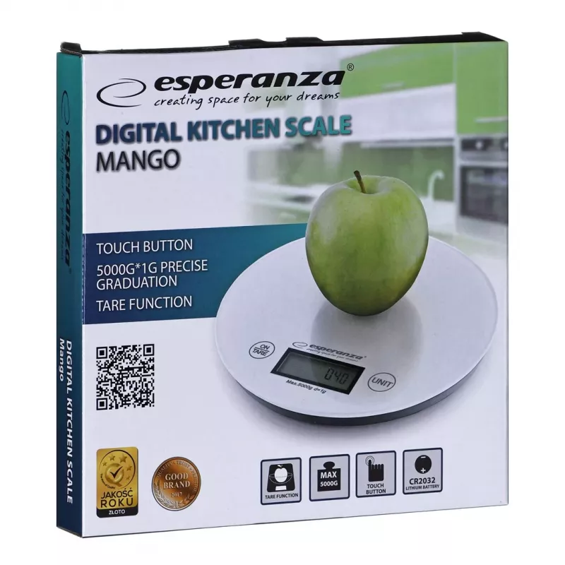 Báscula de cocina electrónica ESPERANZA EKS003W, capacidad 5 kg, precisión 1 g, vidrio templado, control táctil