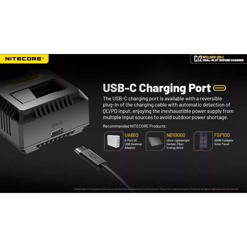 Cargador de baterías Nitecore Ci12 cargador USB universal para Li‑Ion, NiCd, NiMH, entrada 3A 5/9/12V, carcasa de plástico