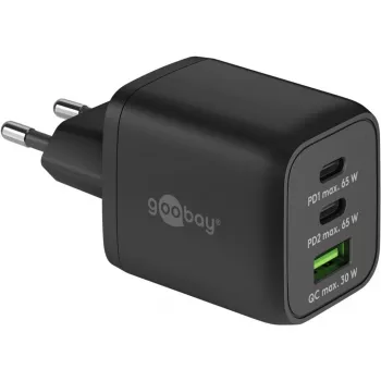 Cargador rápido USB-C Nano, PD, GaN, 65 vatios, cable trenzado USB-C (negro, 1x USB-A, 2x USB-C PD, Quick Charge 3.0, cable de 1 metro)